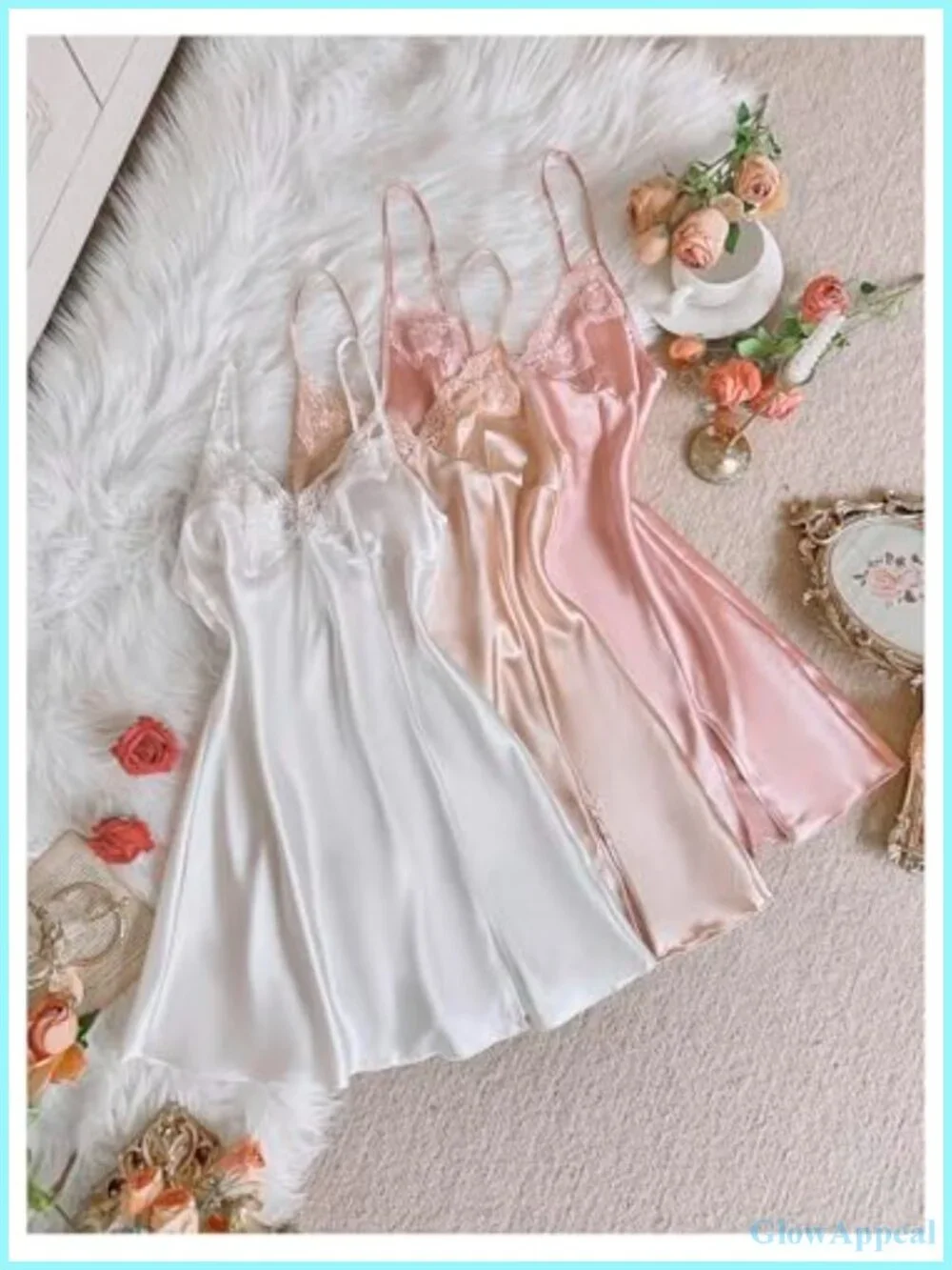3 Pack Satin Nightgowns Lace Trim Spaghetti Strap V Neck Slip Dress Sleepwear